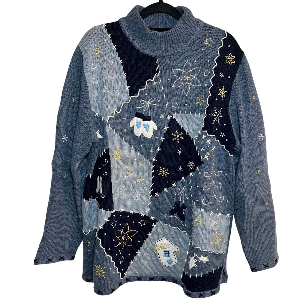 Vintage Embroidered Christmas Sweater Turtleneck Patchwork Winter MockNeck Large